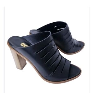 New Vero Cuoio Sz 39 Made In Italy Slides Shoes Block Wooden Heels Vitello Nero